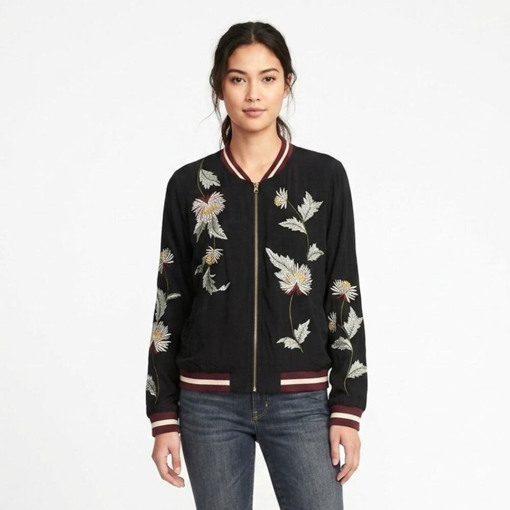 Elevenses Solstice Bomber Jacket Womens XL Black Floral Embroidered Full Zip